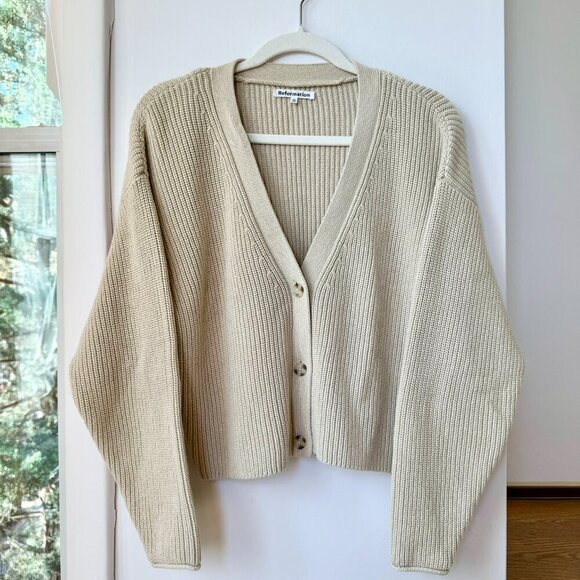 Reformation Jessa Cardigan Sweater Knit Ribbed Button Down 100% Cotton Cream - Picture 1 of 11